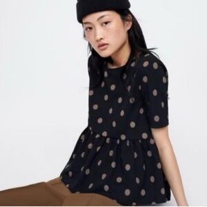 Zara Woman Polka dot baby doll shirt blouse black size medium short sleeve